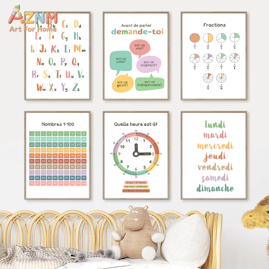 Kids Education Alphabet Numbers - AZNM Lukisan Kanvas Edukatif Anak-Anak Perancis,