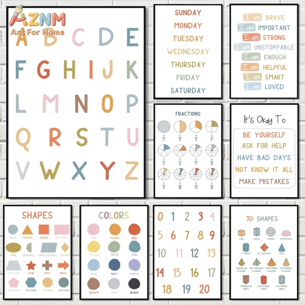 Kids Education Alphabet Numbers - AZNM Seni Dinding Kanvas Tanpa Bingkai