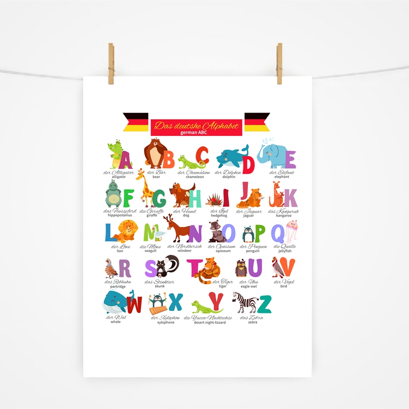 Kids Educational Posters - Bahasa Jerman Alfabet dengan Hewan Nursery